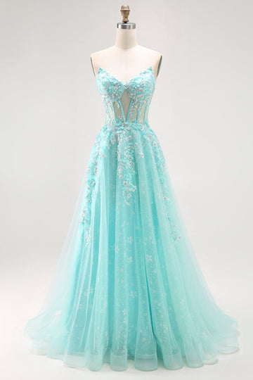 Sparkly Green A-Line Strapless Sequins Corset Long Prom Dress with Slit